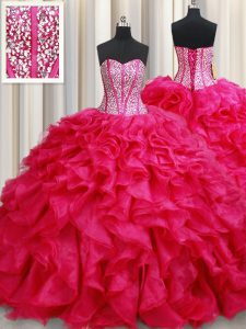 Adorable Coral Red Sweetheart Neckline Beading and Ruffles Quinceanera Gown Sleeveless Lace Up