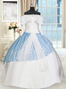 Excellent Blue And White Lace Up Off The Shoulder Lace and Bowknot 15 Quinceanera Dress Taffeta Long Sleeves
