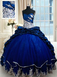 Extravagant Royal Blue Ball Gowns Taffeta Sweetheart Sleeveless Appliques and Pick Ups Lace Up Quinceanera Dress Court T