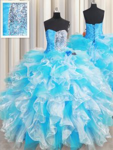 Organza Sleeveless Floor Length 15th Birthday Dress and Ruffles and Sequins