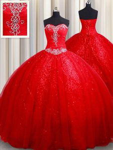 Red Sweetheart Lace Up Beading Ball Gown Prom Dress Sleeveless