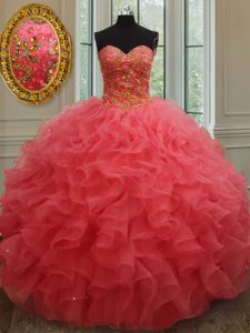 Coral Red Sweetheart Neckline Beading and Ruffles 15th Birthday Dress Sleeveless Lace Up