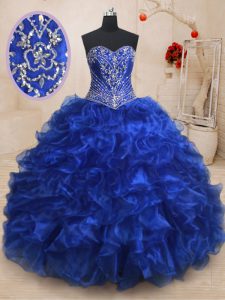 Royal Blue Lace Up Sweetheart Beading and Ruffles Quinceanera Dresses Organza Sleeveless Brush Train