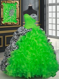 Dynamic Organza and Printed Sleeveless Sweet 16 Quinceanera Dress Brush Train and Beading and Ruffles and Pick Ups