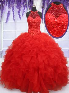 Chic Halter Top Beading and Ruffles Quinceanera Gowns Red Lace Up Sleeveless Floor Length