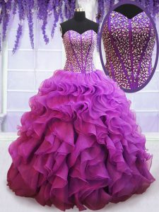 Flirting Sweetheart Sleeveless Lace Up Quince Ball Gowns Eggplant Purple Organza