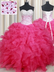 Attractive Hot Pink Sleeveless Organza Lace Up Sweet 16 Quinceanera Dress for Military Ball and Sweet 16 and Quinceanera