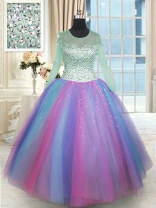 High Class Scoop Long Sleeves Tulle Quinceanera Dress Beading Lace Up