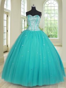 Attractive Aqua Blue Quinceanera Dresses Military Ball and Sweet 16 and Quinceanera and For with Beading Sweetheart Slee