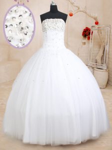 Admirable White Tulle Lace Up Strapless Sleeveless Floor Length Sweet 16 Quinceanera Dress Beading
