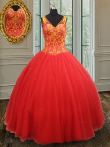 Rust Red Ball Gowns Beading and Appliques Sweet 16 Dresses Zipper Organza Sleeveless Floor Length