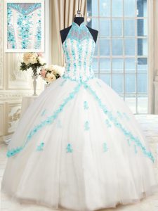 Deluxe Halter Top White Sleeveless Floor Length Beading and Appliques Lace Up 15th Birthday Dress