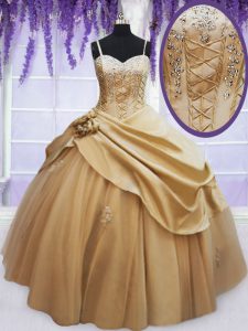 Beading and Appliques and Hand Made Flower Sweet 16 Dress Champagne Lace Up Sleeveless Floor Length