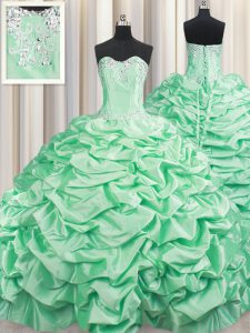Sleeveless Taffeta With Brush Train Lace Up Vestidos de Quinceanera in Apple Green with Beading and Pick Ups