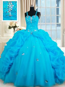 Cheap Baby Blue Ball Gowns Organza Straps Sleeveless Beading and Pick Ups Floor Length Lace Up 15th Birthday Dress
