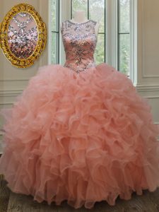 Suitable See Through Peach Ball Gowns Organza Scoop Sleeveless Beading and Ruffles Floor Length Lace Up 15 Quinceanera D