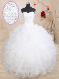 White Ball Gowns Sweetheart Sleeveless Organza Floor Length Lace Up Beading and Ruffles Sweet 16 Quinceanera Dress