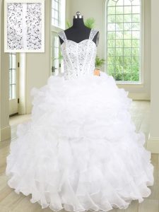 Best Selling Organza Straps Sleeveless Lace Up Beading and Ruffles Sweet 16 Dress in White