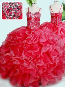 Custom Made Red Spaghetti Straps Neckline Beading and Ruffles Ball Gown Prom Dress Sleeveless Lace Up