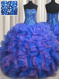 Strapless Sleeveless 15th Birthday Dress Floor Length Beading and Ruffles Blue and Purple Organza