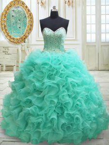 Sweetheart Sleeveless Brush Train Lace Up Quinceanera Gowns Apple Green Organza