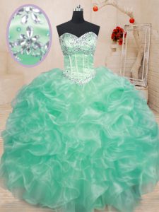Luxury Sleeveless Floor Length Beading and Ruffles Lace Up 15th Birthday Dress with Apple Green