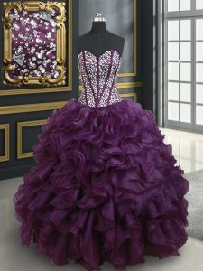 Comfortable Dark Purple Organza Lace Up Sweetheart Sleeveless Floor Length 15th Birthday Dress Beading and Ruffles