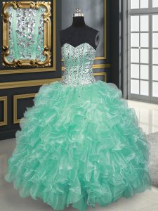 Luxury Apple Green Sleeveless Organza Lace Up 15 Quinceanera Dress for Military Ball and Sweet 16 and Quinceanera