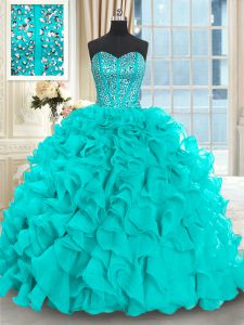 Aqua Blue Ball Gowns Beading and Ruffles Quince Ball Gowns Lace Up Organza Sleeveless With Train
