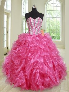 Hot Pink Sleeveless Beading and Ruffles Floor Length Quinceanera Gown