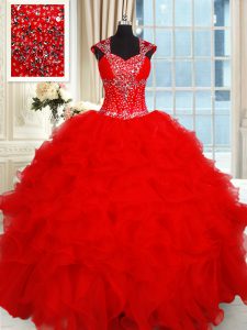 Backless Organza Cap Sleeves Floor Length Sweet 16 Dresses and Beading and Ruffles