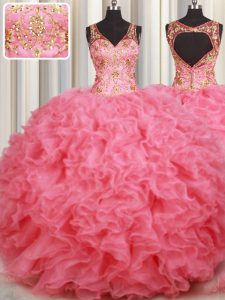 Captivating Pink Ball Gowns Beading and Ruffles Quinceanera Dresses Backless Organza Sleeveless Floor Length
