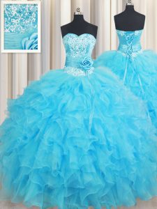 Beautiful Baby Blue Ball Gowns Sweetheart Sleeveless Organza Floor Length Lace Up Beading and Ruffles and Hand Made Flow