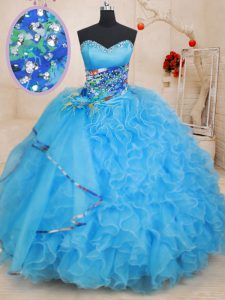 Adorable Floor Length Baby Blue Quince Ball Gowns Organza Sleeveless Beading and Ruffles and Pattern