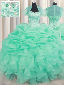 Latest Apple Green Ball Gowns Beading and Ruffles and Pick Ups Quinceanera Gowns Lace Up Organza Sleeveless Floor Length