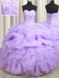 Dramatic Beading and Ruffles and Pick Ups Vestidos de Quinceanera Lavender Lace Up Sleeveless Floor Length