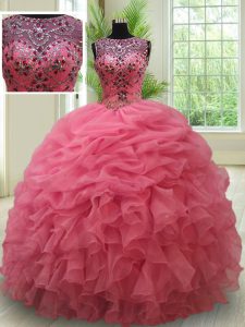 Sweet Scoop Pick Ups See Through Ball Gowns Sweet 16 Quinceanera Dress Pink Bateau Organza Sleeveless Floor Length Lace 