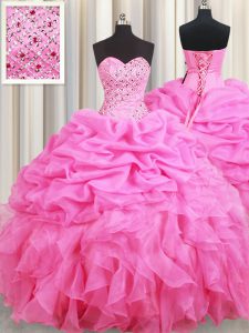 Rose Pink Sweetheart Neckline Beading and Ruffles and Pick Ups Sweet 16 Dress Sleeveless Lace Up