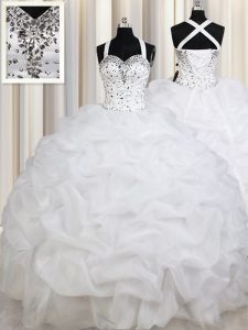 Straps White Ball Gowns Beading and Ruffles and Pick Ups Sweet 16 Dress Lace Up Organza Sleeveless Floor Length