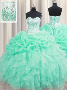 Artistic Apple Green Organza Lace Up 15th Birthday Dress Sleeveless Floor Length Beading and Ruffles and Pick Ups