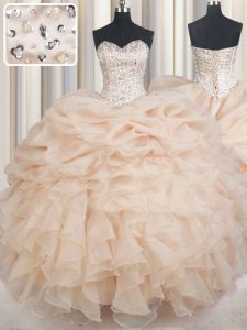 Modern Pick Ups Ball Gowns Vestidos de Quinceanera Champagne Sweetheart Organza Sleeveless Floor Length Lace Up