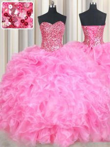 Rose Pink Organza Lace Up Sweetheart Sleeveless Floor Length 15 Quinceanera Dress Beading and Ruffles and Sequins