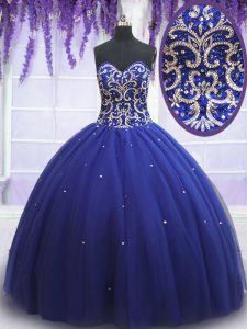 Sequins Royal Blue Sleeveless Tulle Lace Up 15th Birthday Dress for Military Ball and Sweet 16 and Quinceanera