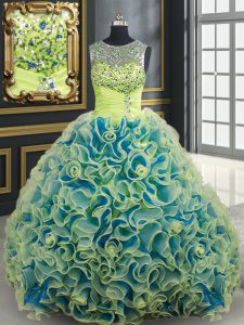 See Through Fabric with Rolling Flowers Yellow Green Sweet 16 Dress Military Ball and Sweet 16 and Quinceanera and For w