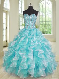 Floor Length Lace Up 15th Birthday Dress Blue And White for Military Ball and Sweet 16 and Quinceanera with Beading and 
