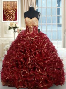Burgundy Organza Lace Up 15 Quinceanera Dress Sleeveless Brush Train Beading and Ruffles