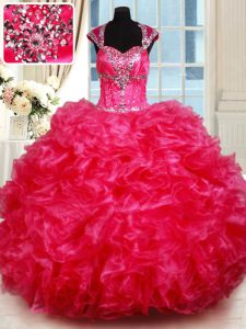 High End Cap Sleeves Organza Floor Length Backless Quinceanera Gown in Hot Pink with Beading and Ruffles