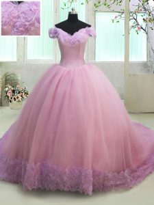 Vintage Lilac Tulle Lace Up Off The Shoulder Cap Sleeves With Train 15 Quinceanera Dress Court Train Ruching