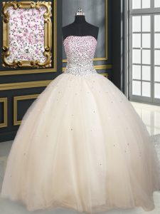 Sleeveless Floor Length Beading Lace Up Quinceanera Gowns with Champagne