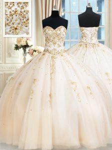 Sleeveless Floor Length Beading Lace Up 15 Quinceanera Dress with Champagne